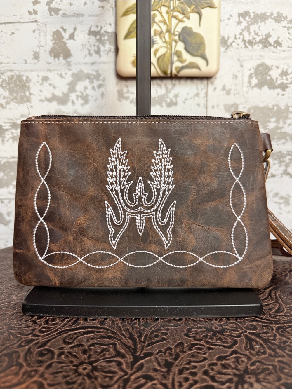 Embroidered Brown Leather Wristlet Clutch